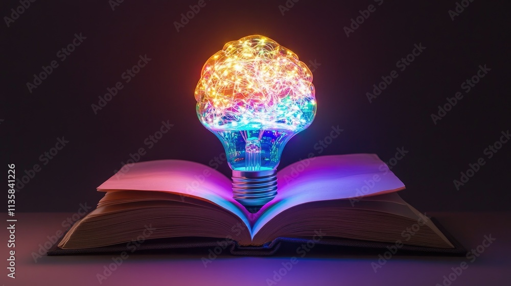 Poster creative concept of knowledge and imagination with colorful light bulb in the shape of a brain surro