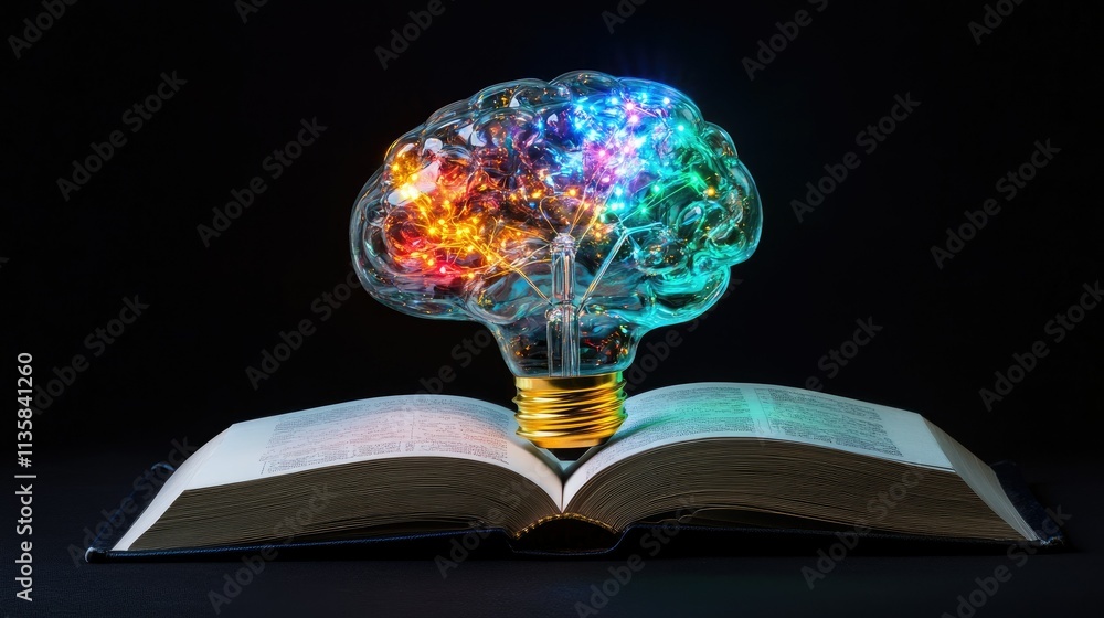 Poster glowing brain concept above open book symbolizing creativity, knowledge, innovation, and imagination