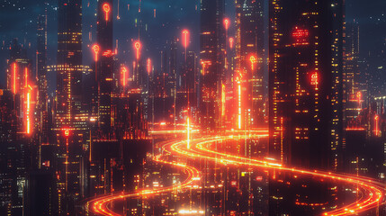 Obraz premium Smart digital Innovation city with connection network reciprocity over the cityscape. of future smart wireless digital city and social media networking systems that connects people with in city