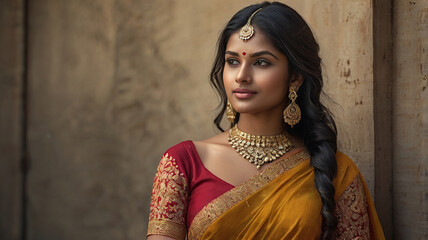 Fototapeta premium Stunning Indian Woman Wearing Saree and Beautiful Jewelry