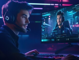 Young man wearing headset, playing video game on computer, watching opponent on screen.