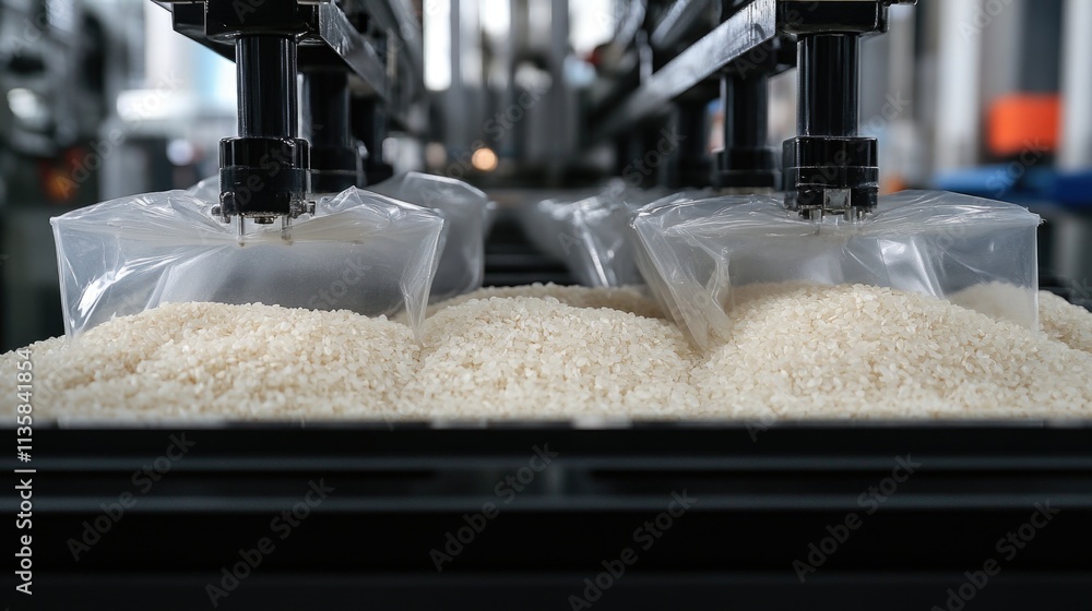 Poster automated rice packaging machine in factory with precise bag filling process