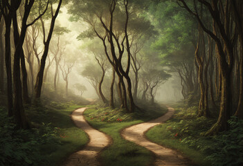 Obraz premium Ornate Product Display on Plain Background with Enchanting Forest Pathway Concept