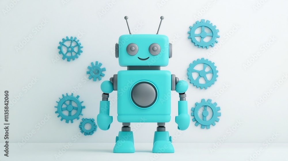 Poster friendly blue robot surrounded by floating mechanical gears and cogs on white background