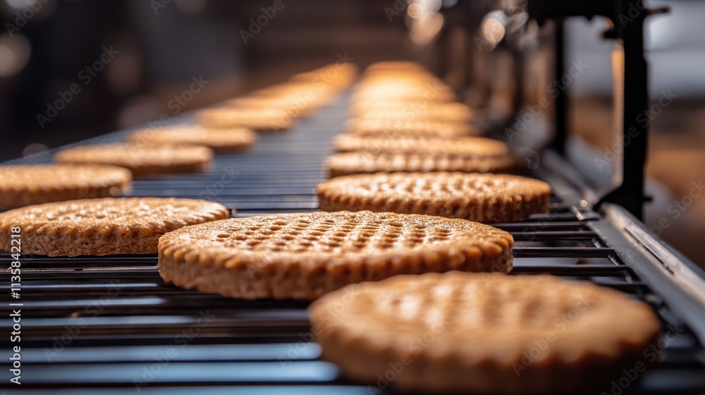 Poster automated conveyor line with freshly baked cookies in a biscuit factory