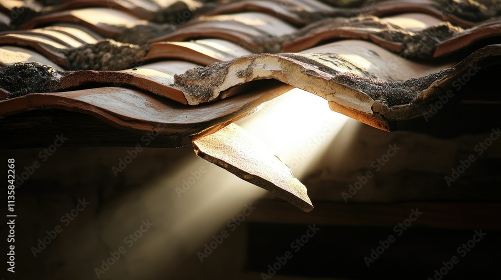 Poster sunlight streaming through broken roof tiles creating a beautiful play of light and shadows in an ou