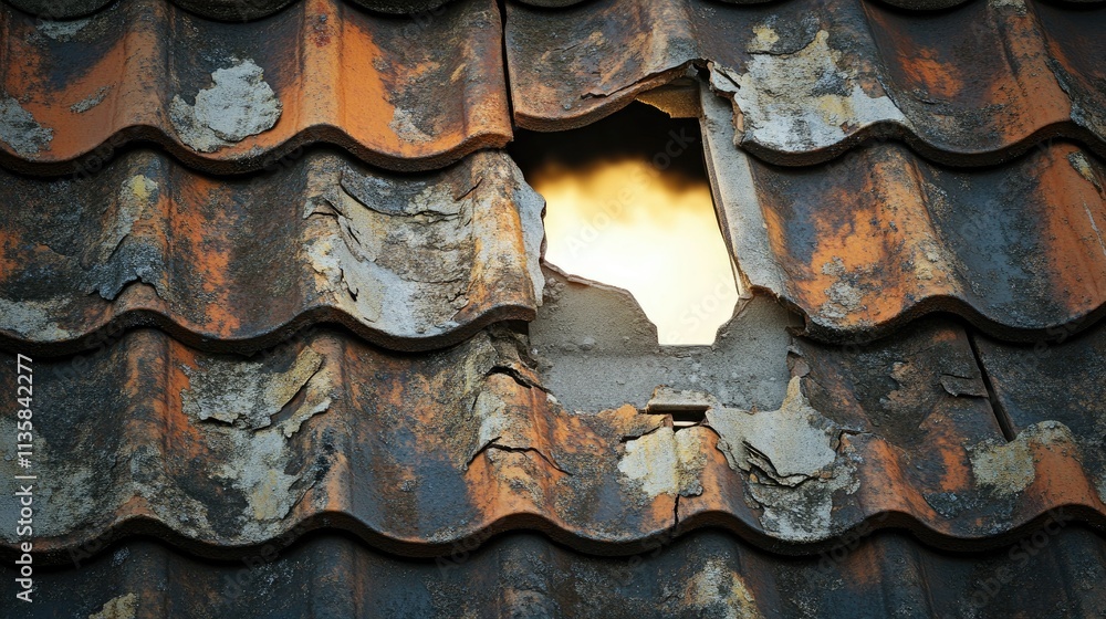 Aufkleber weathered roof tiles with a missing piece exposing bright light, symbolizing neglect and the passage