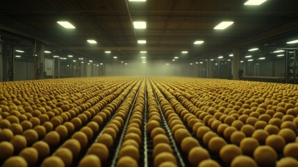 Fototapeta premium Vast orange sorting warehouse with countless conveyor belts