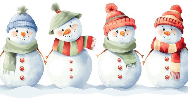Four cute watercolor snowmen wearing scarves, clipart on white background. Winter holidays theme.