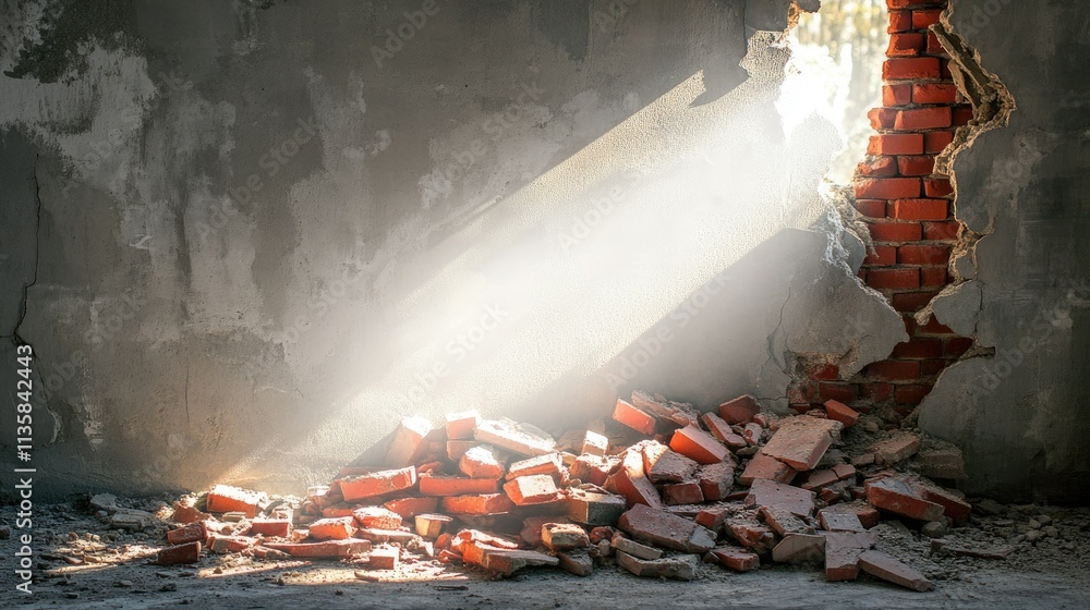 Poster light shining through a broken wall in an abandoned structure with piles of broken bricks and dust p