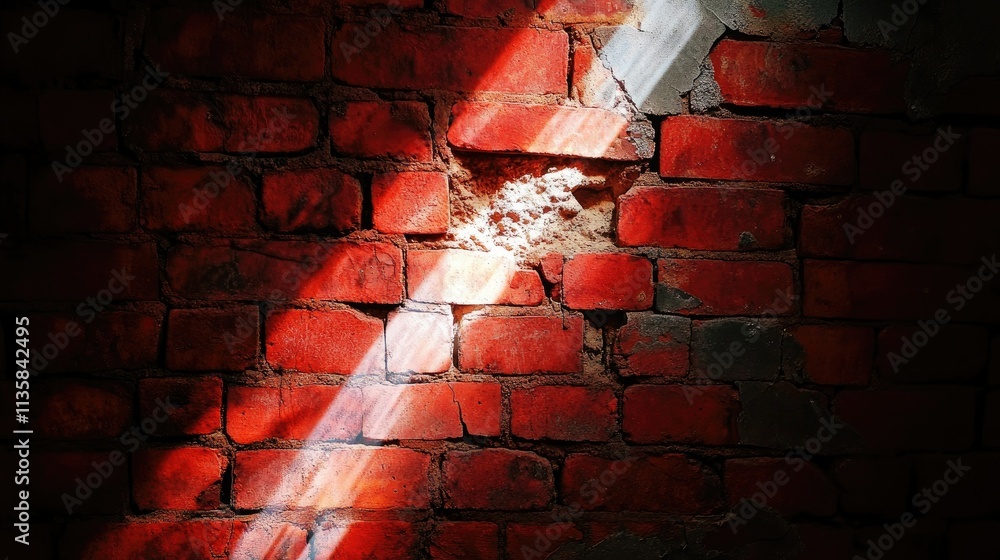 Poster bright sunlight illuminating cracked red brick wall in abandoned space highlighting textured surface