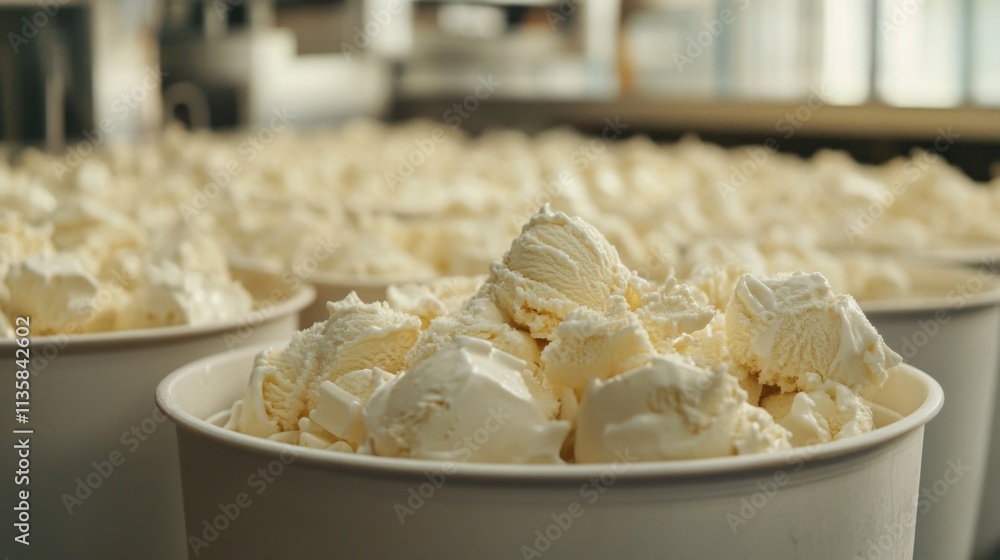 Poster close-up of creamy ice cream scoops in white containers in factory setting