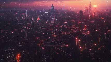 Obraz premium Smart digital Innovation city with connection network reciprocity over the cityscape. of future smart wireless digital city and social media networking systems that connects people with in city