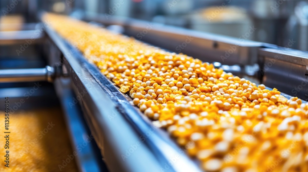 Poster automated popcorn production line with golden kernels on conveyor belt