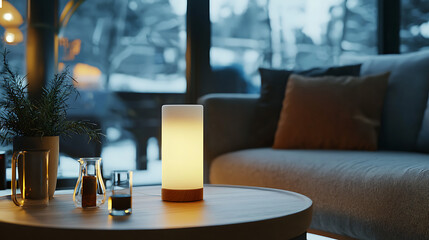 A table with a lamp on it and a few glasses