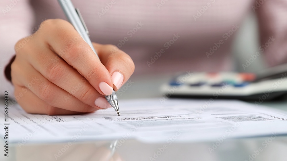 Poster accountant entering financial data into a ledger with documents and calculators
