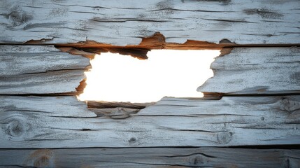 Weathered Wooden Plank with Irregular Hole Showcasing Soft Light Behind, Capturing Rustic Charm and Natural Texture in a Unique Perspective
