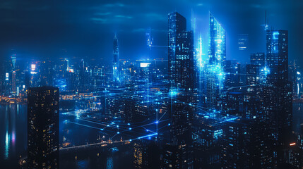 Smart digital Innovation city with connection network reciprocity over the cityscape. of future smart wireless digital city and social media networking systems that connects people with in city