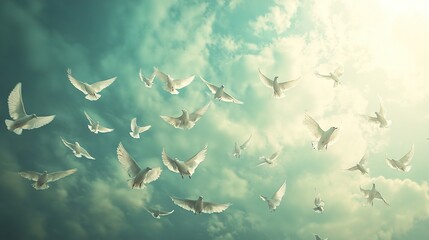 Heavenly Flock of White Doves in Flight