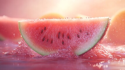 Fototapeta premium A glossy watermelon slice glowing with radiant red tones, intricate pulp textures detailed by shimmering water droplets, soft backlight creating depth,