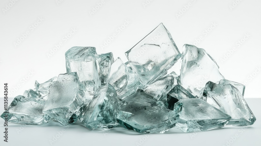 Poster crushed clear ice chunks piled in a natural arrangement on a light background for use in beverages, 