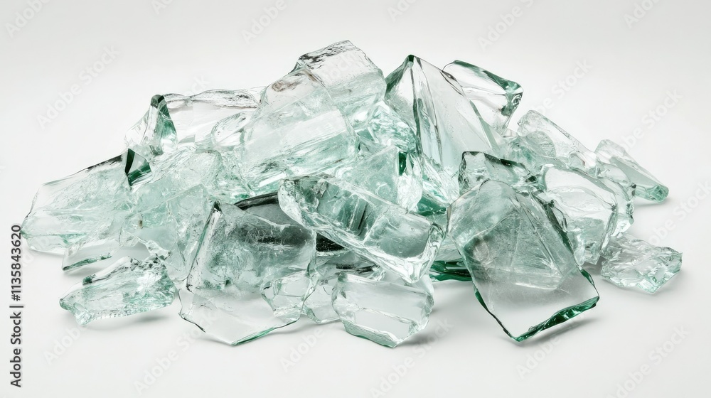 Poster a heap of shattered glass pieces displaying iridescent reflections and sharp edges on a neutral back