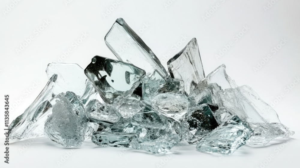 Poster Shattered Glass Fragments Piled on a White Background, Reflecting Light and Creating Glimmers of Transparency and Fragility in an Abstract Composition for Artistic Use