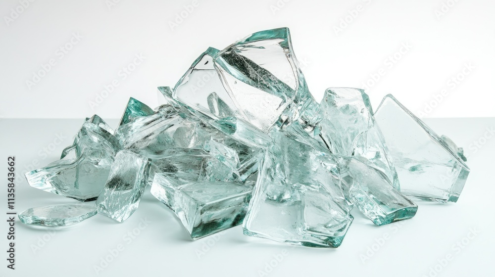 Poster a pile of shattered glass pieces glittering in light with sharp edges and reflections on a clean sur