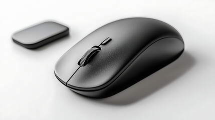 A black computer mouse sits on a white surface