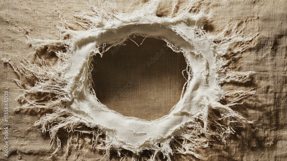 Aufkleber frayed fabric with torn edges and natural texture on a rustic background ideal for use in creative d