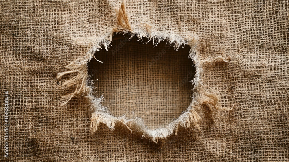 Poster torn burlap fabric with frayed edges exposing natural texture underneath, ideal for rustic backgroun
