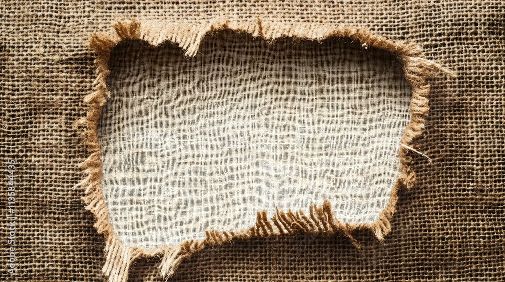 Poster torn edge of burlap fabric revealing blank canvas with textured background for creative design and a