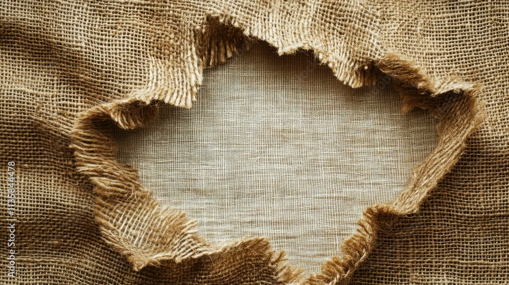 Poster rustic burlap fabric with torn edge revealing a neutral background in an artistic and textured close