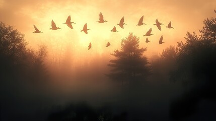 Birds in Flight at Sunrise: A Misty Morning Landscape