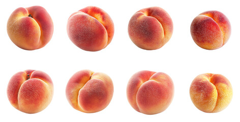 Collection of various A ripe peach with soft fuzzy skin isolated on white transparent background PNG set