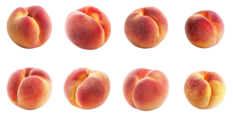 Collection of various A ripe peach with soft fuzzy skin isolated on white transparent background PNG set