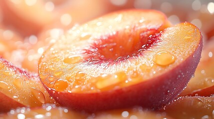A juicy peach slice with glowing translucent textures, its fuzzy surface illuminated by diffused natural light, glossy juice droplets glistening,