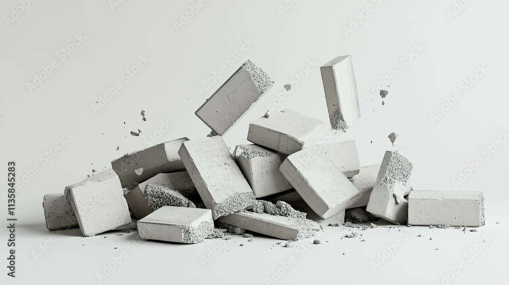 Poster abstract composition of disrupted concrete blocks creating a dynamic visual impact against a clean w