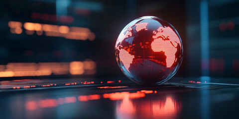 futuristic digital globe glowing with red properties, showcasing network of connections and data. This captivating image represents technology and global communication
