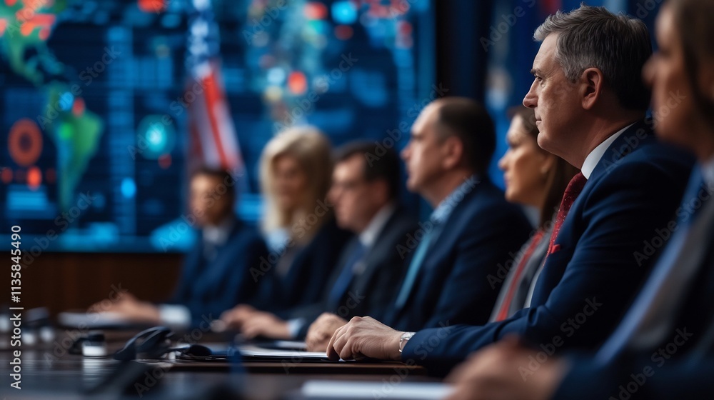Aufkleber high-level policy discussion with digital data projections and national security themes in the