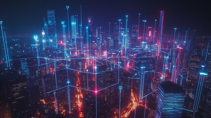 Obraz premium Smart digital Innovation city with connection network reciprocity over the cityscape. of future smart wireless digital city and social media networking systems that connects people with in city