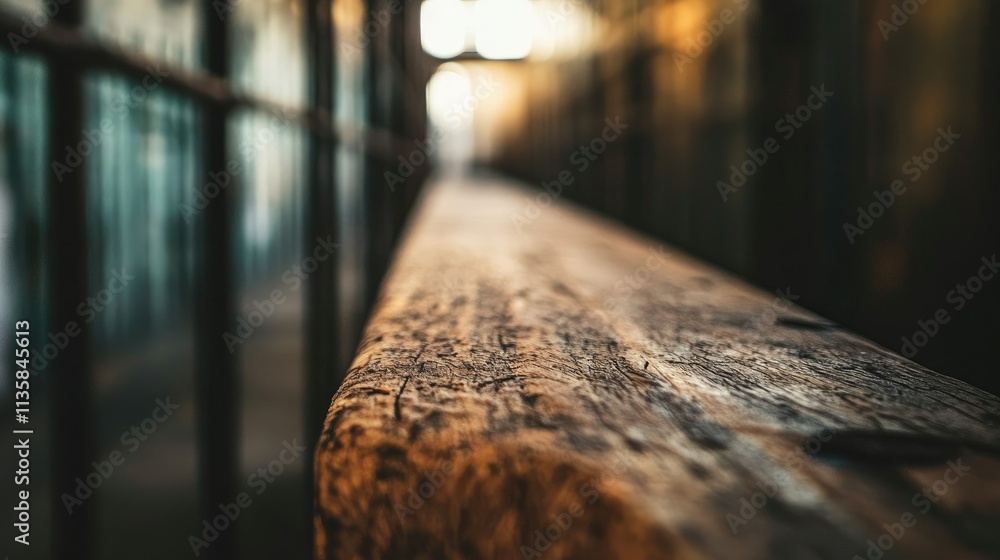Poster weathered wooden bench in an abandoned hallway with blurred rusty bars and atmospheric lighting crea