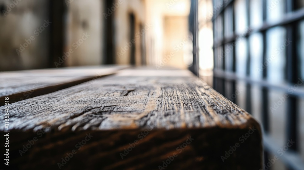 Poster close-up of rustic wooden table in dimly lit hallway with soft depth of field effect showcasing text