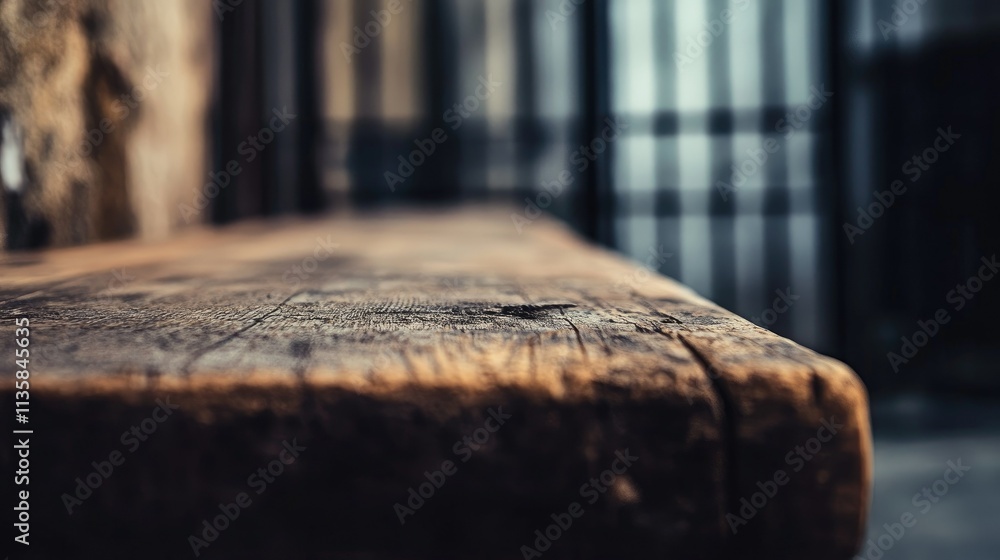 Aufkleber close-up of rustic wooden table surface with textured grain in distinctive lighting against a blurre