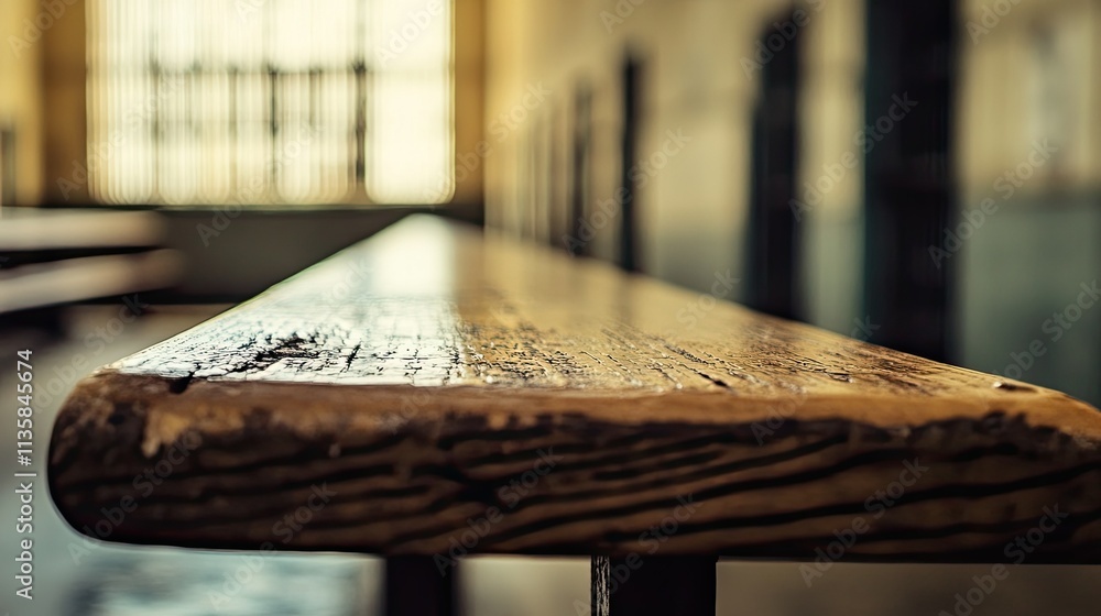 Poster rustic wooden bench in abandoned space with soft lighting and textured surface capturing nostalgic a