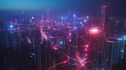 Obraz premium Smart digital Innovation city with connection network reciprocity over the cityscape. of future smart wireless digital city and social media networking systems that connects people with in city