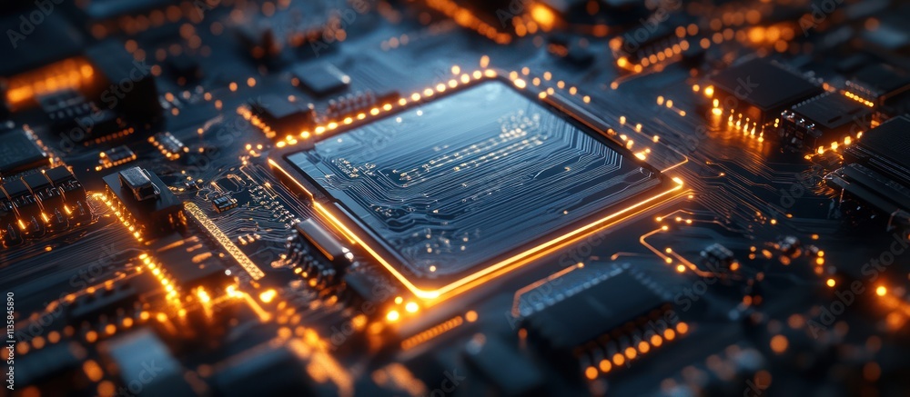 Poster close up shot of a microchip with orange lights on a circuit board.
