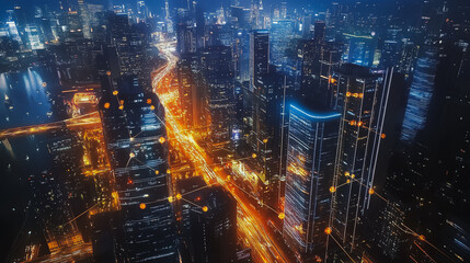 Obraz premium Smart digital Innovation city with connection network reciprocity over the cityscape. of future smart wireless digital city and social media networking systems that connects people with in city