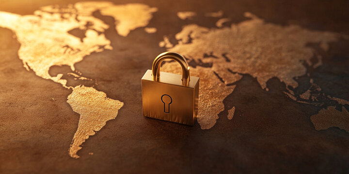 golden padlock rests on textured surface, symbolizing security and protection over world map. This evokes sense of global safety and digital security