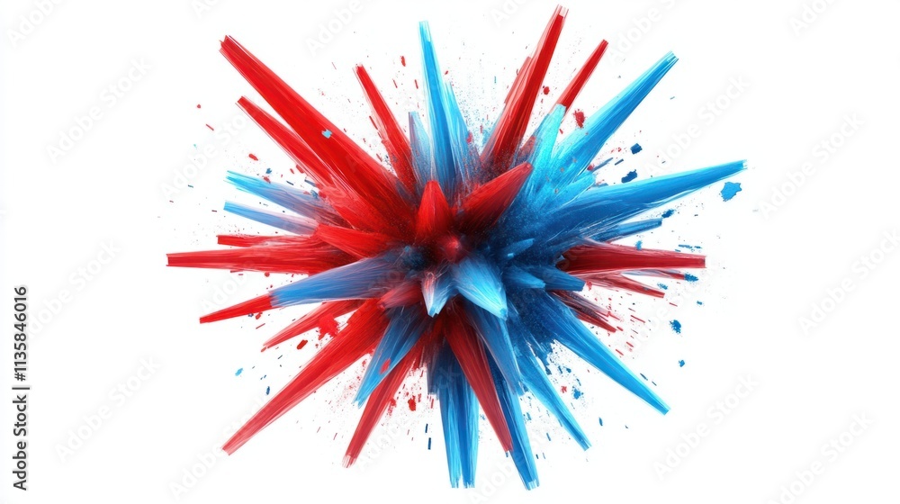 Poster a vibrant explosion of red and blue energy beams intersecting dynamically, creating a starburst effe